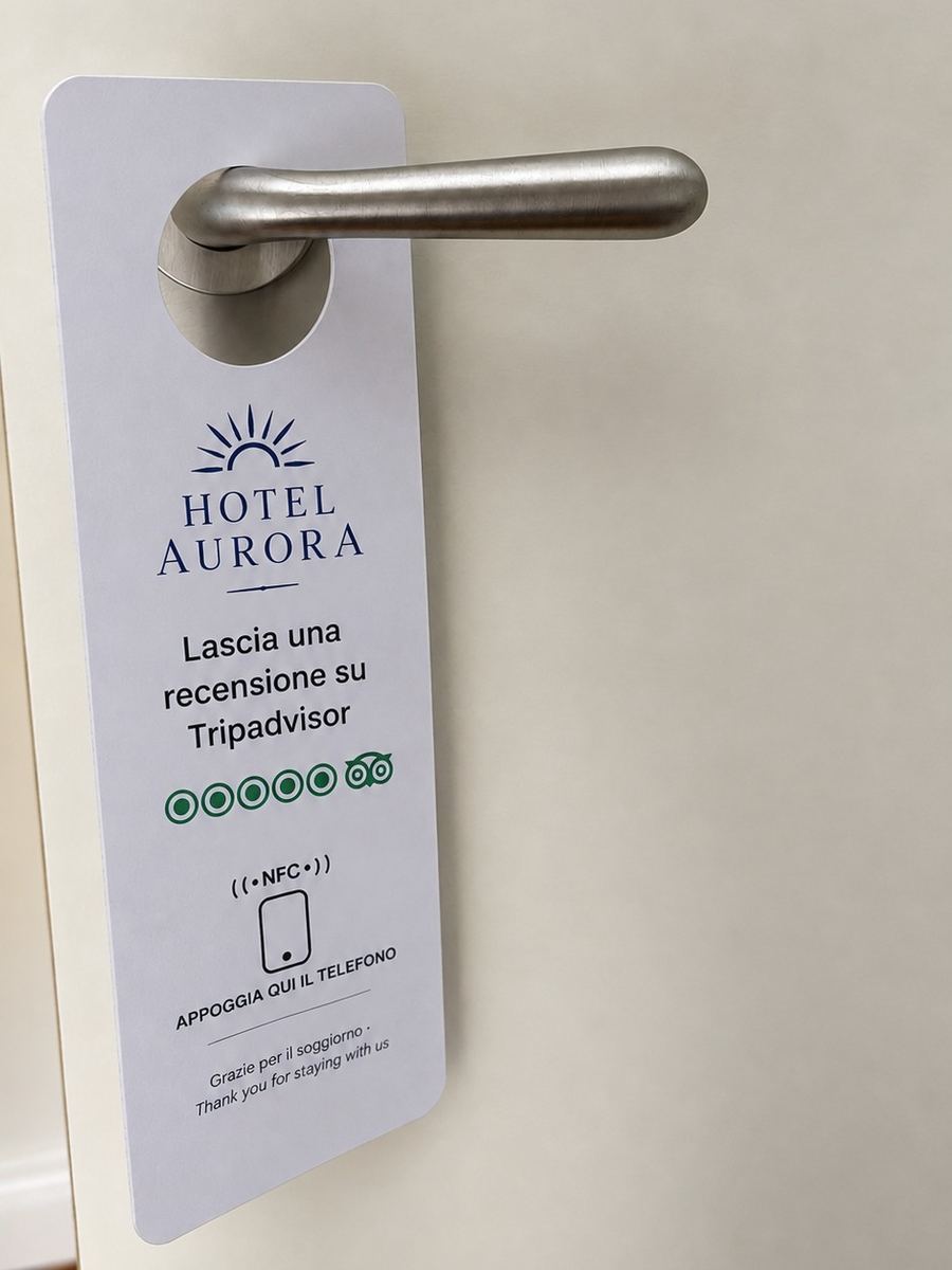 Retro con logo Hotel Aurora e invito a recensire su Tripadvisor