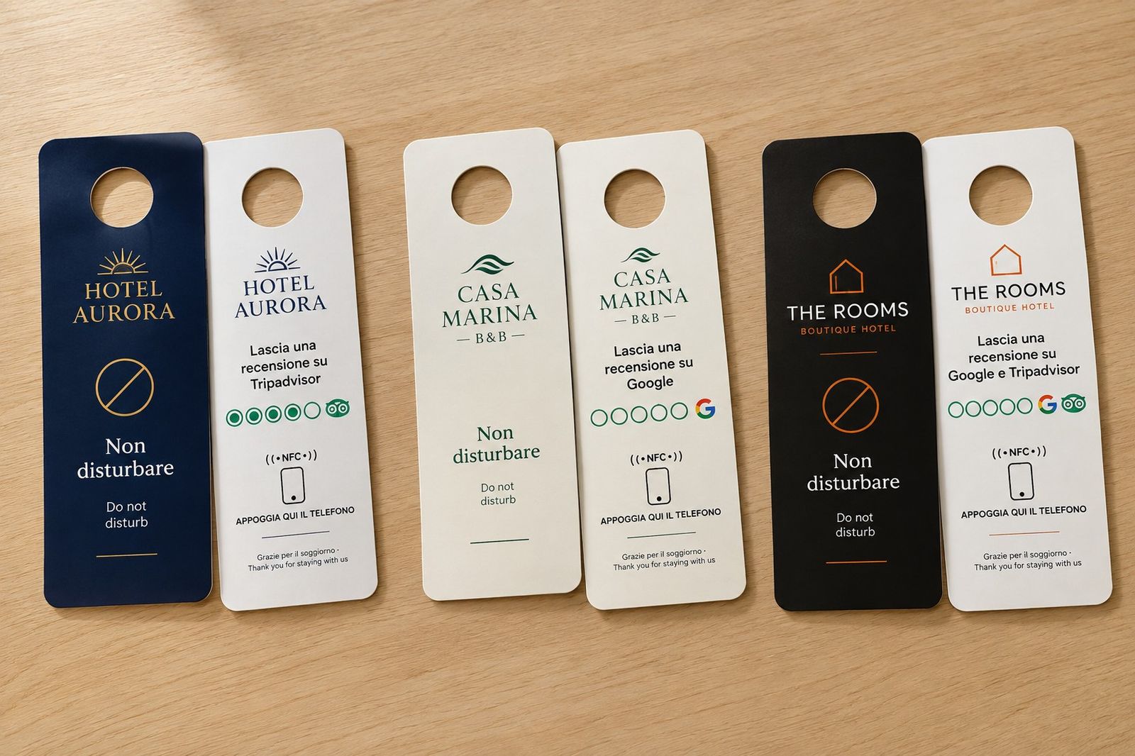 Tre appendini personalizzati per tre hotel diversi: Hotel Aurora, Casa Marina B&B, The Rooms